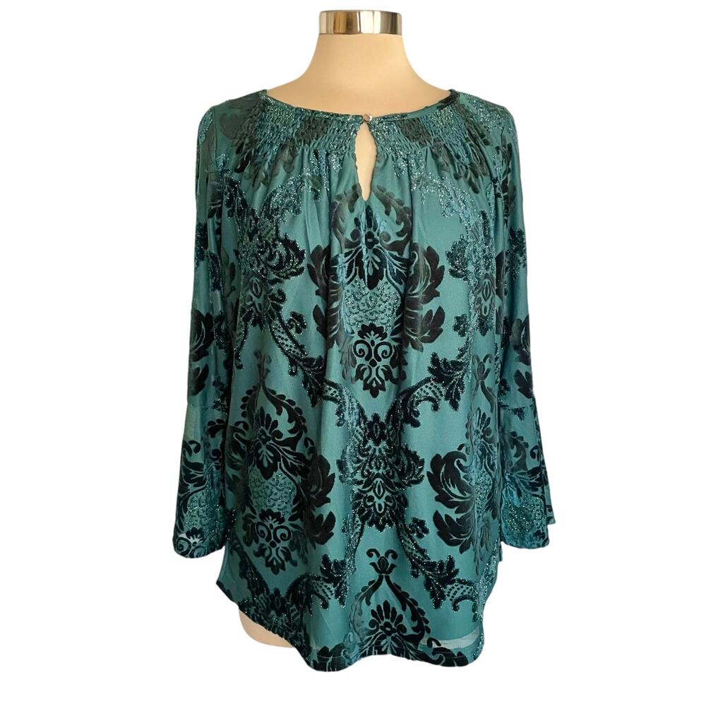Isaac Mizrahi‎ Green Metallic Velvet Burnout Top Bell Sleeve Sz XS Fairy Holiday